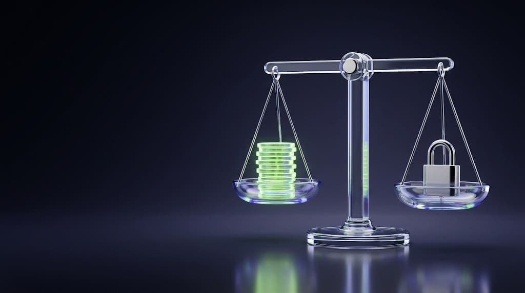 Glass and chrome balance scale holding green glass coins and a chrome padlock, symbolizing speed and control in fintech AI