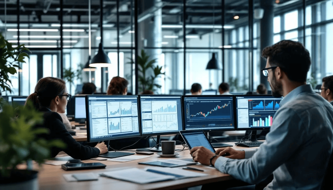 Analysts reviewing portfolios and reports of high-impact software companies in a corporate setting