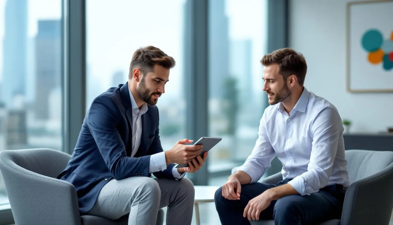 Manager and consultant in conversation, using charts and graphs on a monitor to enhance dialogue
