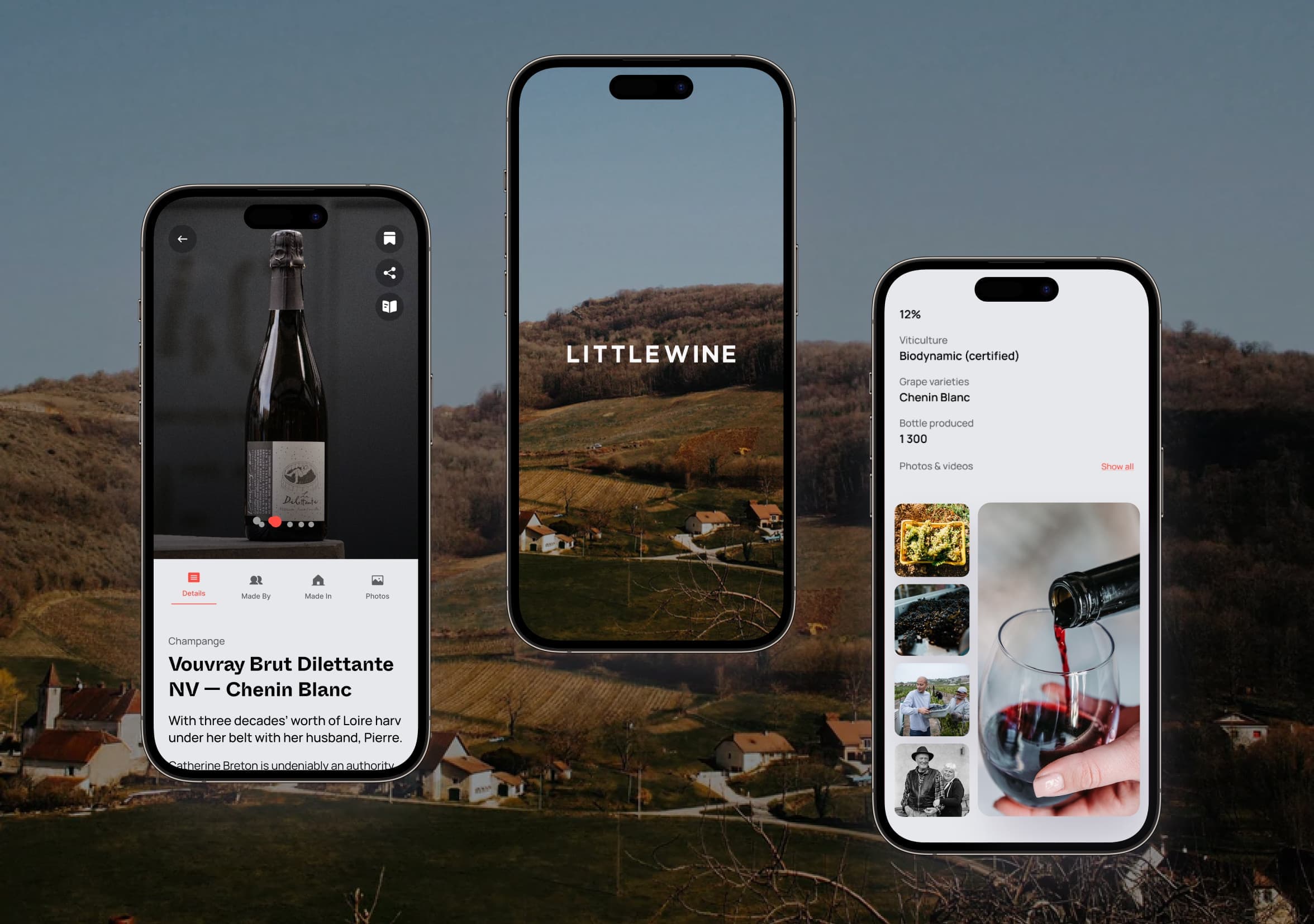 Little Wine mobile app on two smartphones with vineyard landscape background.