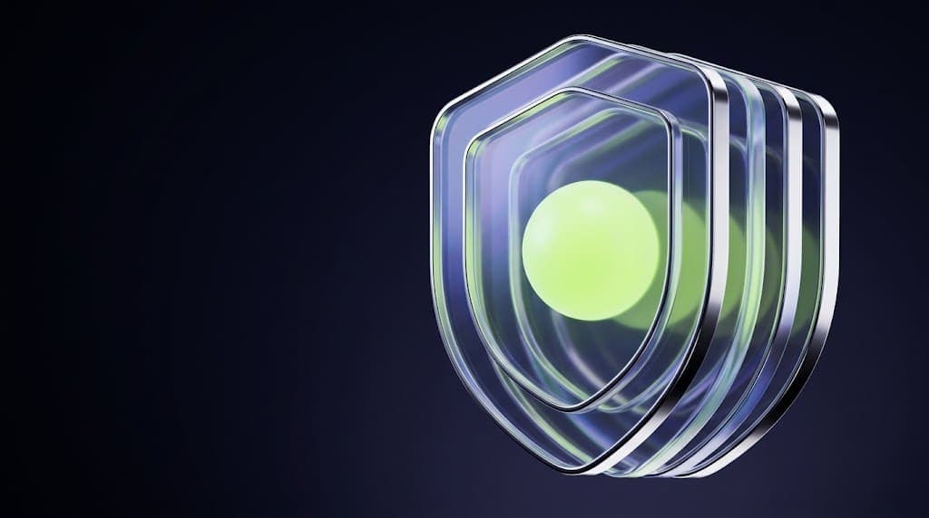 Glass shield of four stacked layers with a glowing green core, symbolizing an AI agent embedded in a cybersecurity platform