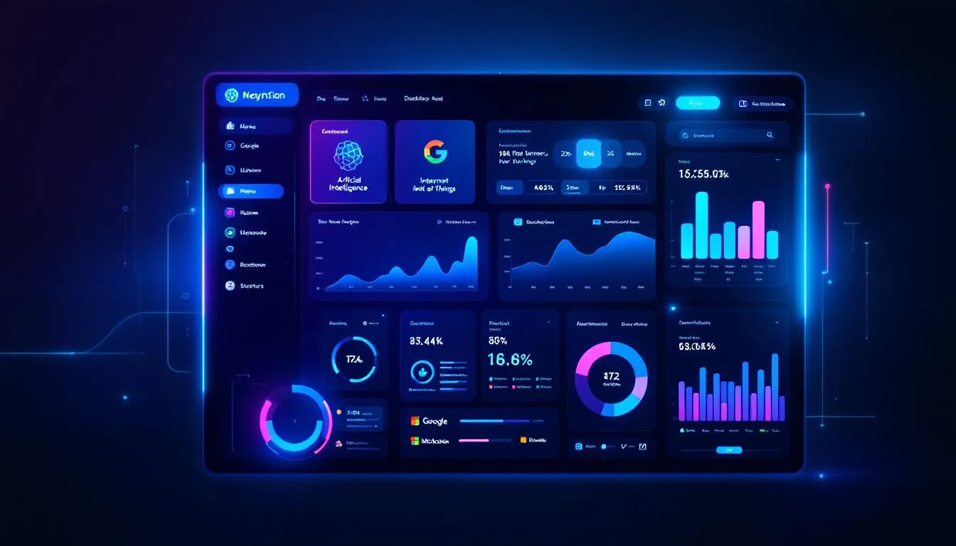 Futuristic dashboard displaying emerging technologies such as AI, IoT, and blockchain with company logos