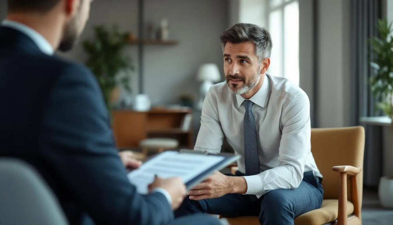 Professional interviewing a consultant, taking notes on a clipboard with prepared questions