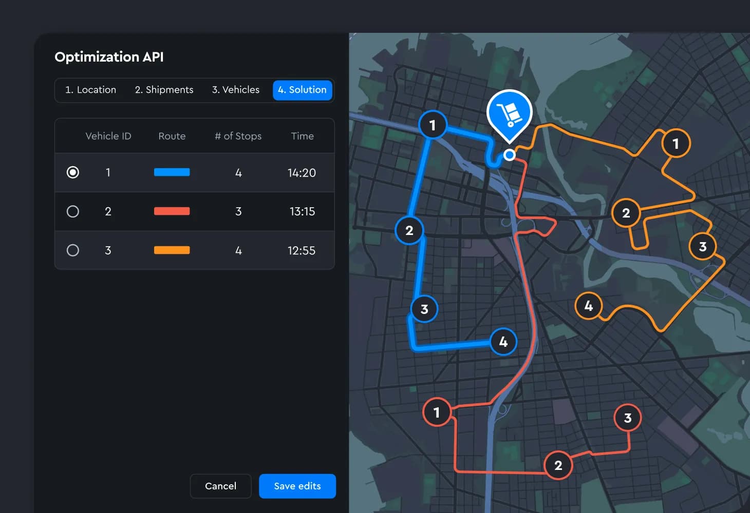 Mapbox optimization API dashboard visualizing delivery routes and vehicle paths with route colors and stops, showcasing real-time logistics mapping.