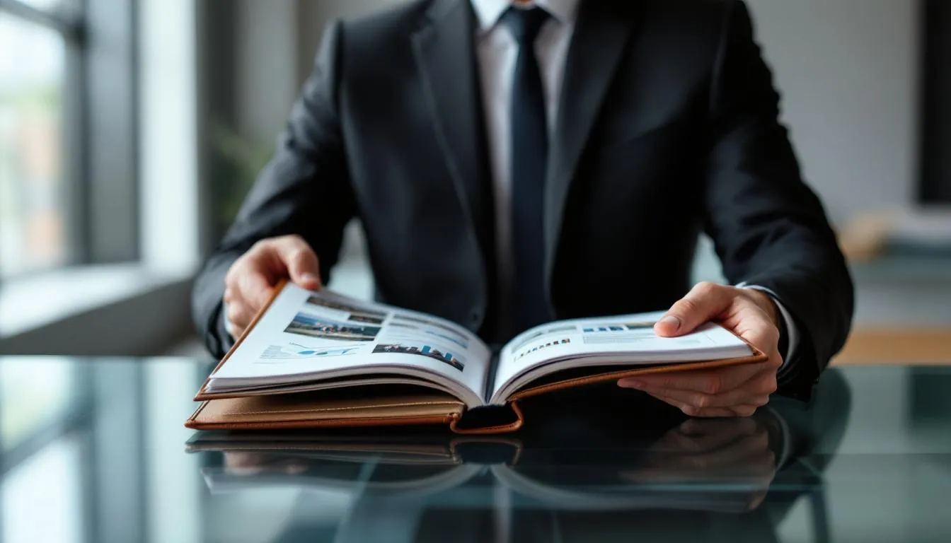 Businessperson flipping through a consultant's portfolio, showcasing previous work and achievements