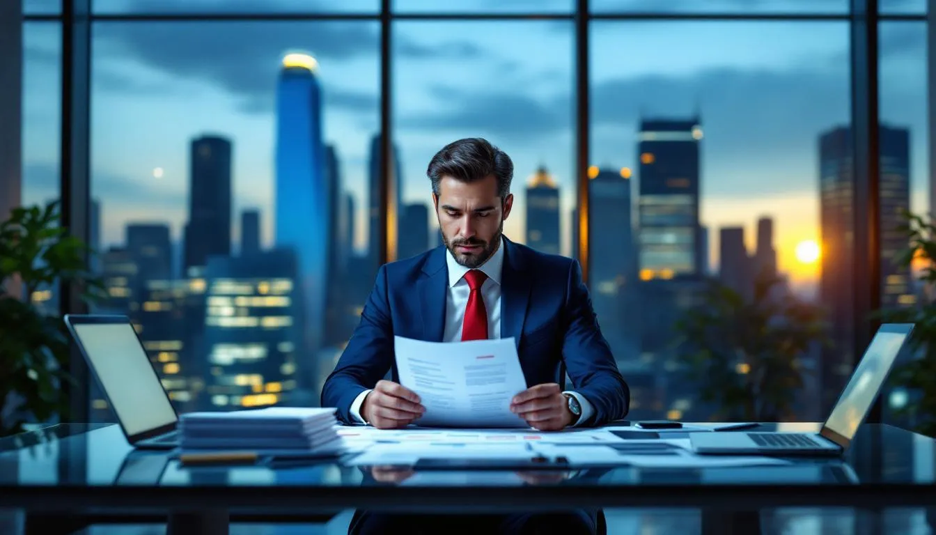 Business executive reviewing proposals from various consulting firms, comparing options