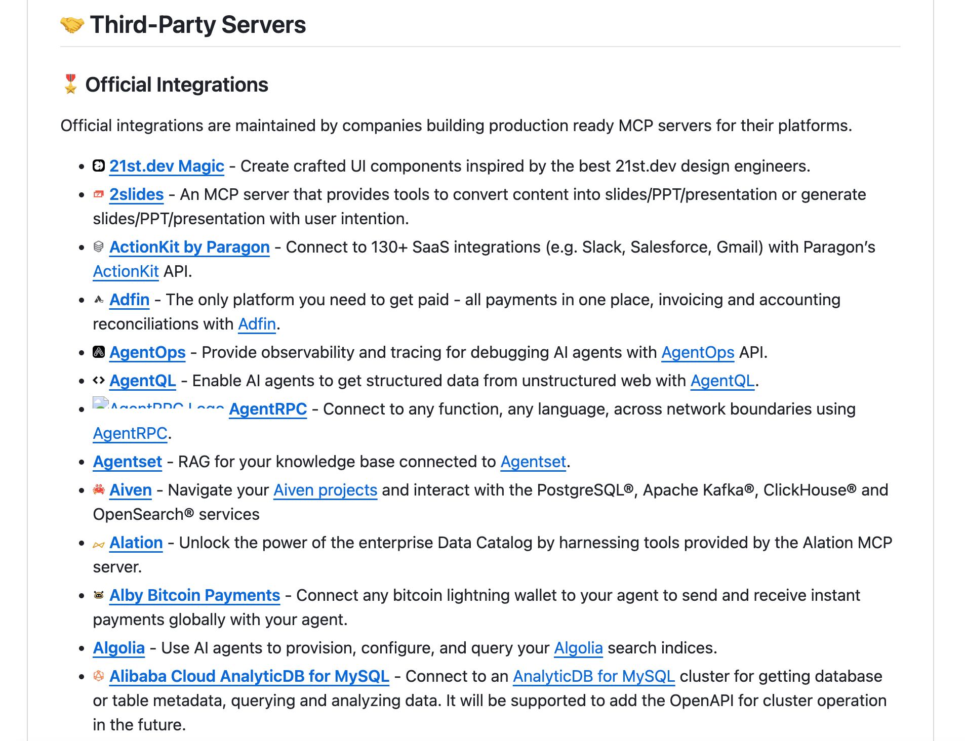 Screenshot showing official third-party MCP servers and integrations such as AgentOps, Adfin, Algolia, and Alibaba Cloud AnalyticDB for MySQL.