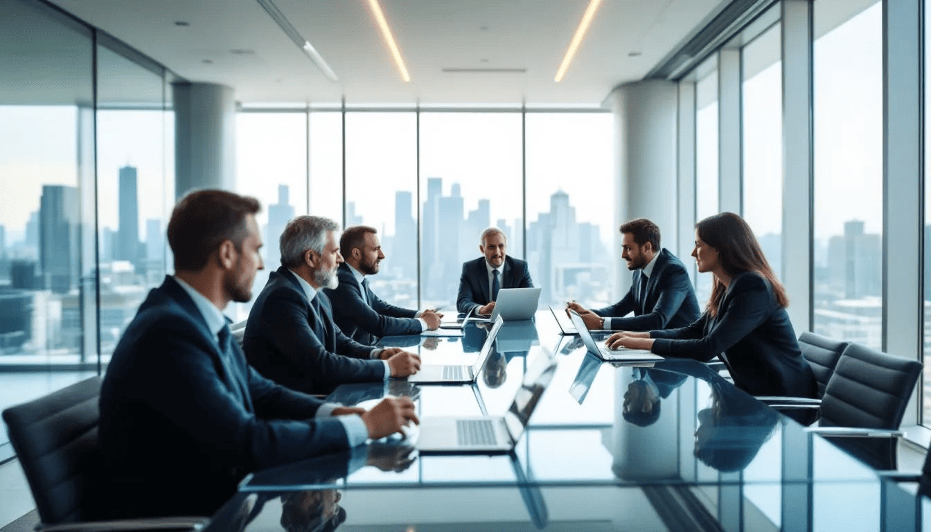 Senior executives of industry-leading software firms discussing new innovation strategies in a boardroom