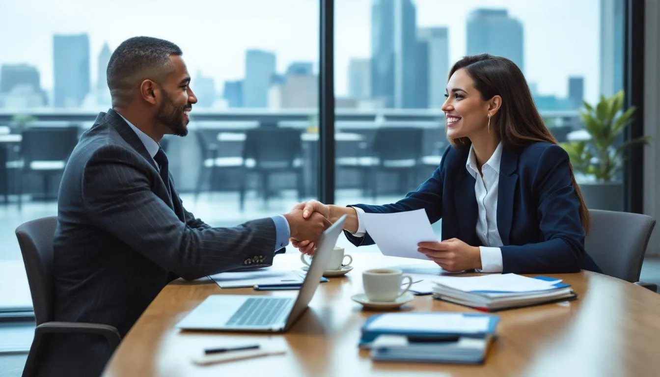 Two business professionals sitting across a table, exchanging documents and shaking hands