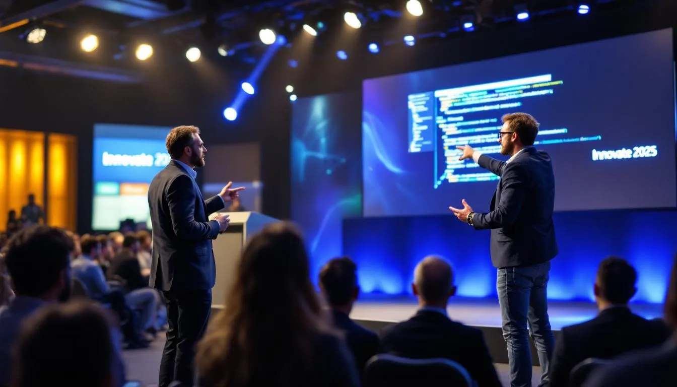 Experienced software pioneers presenting groundbreaking software to an audience at a tech conference