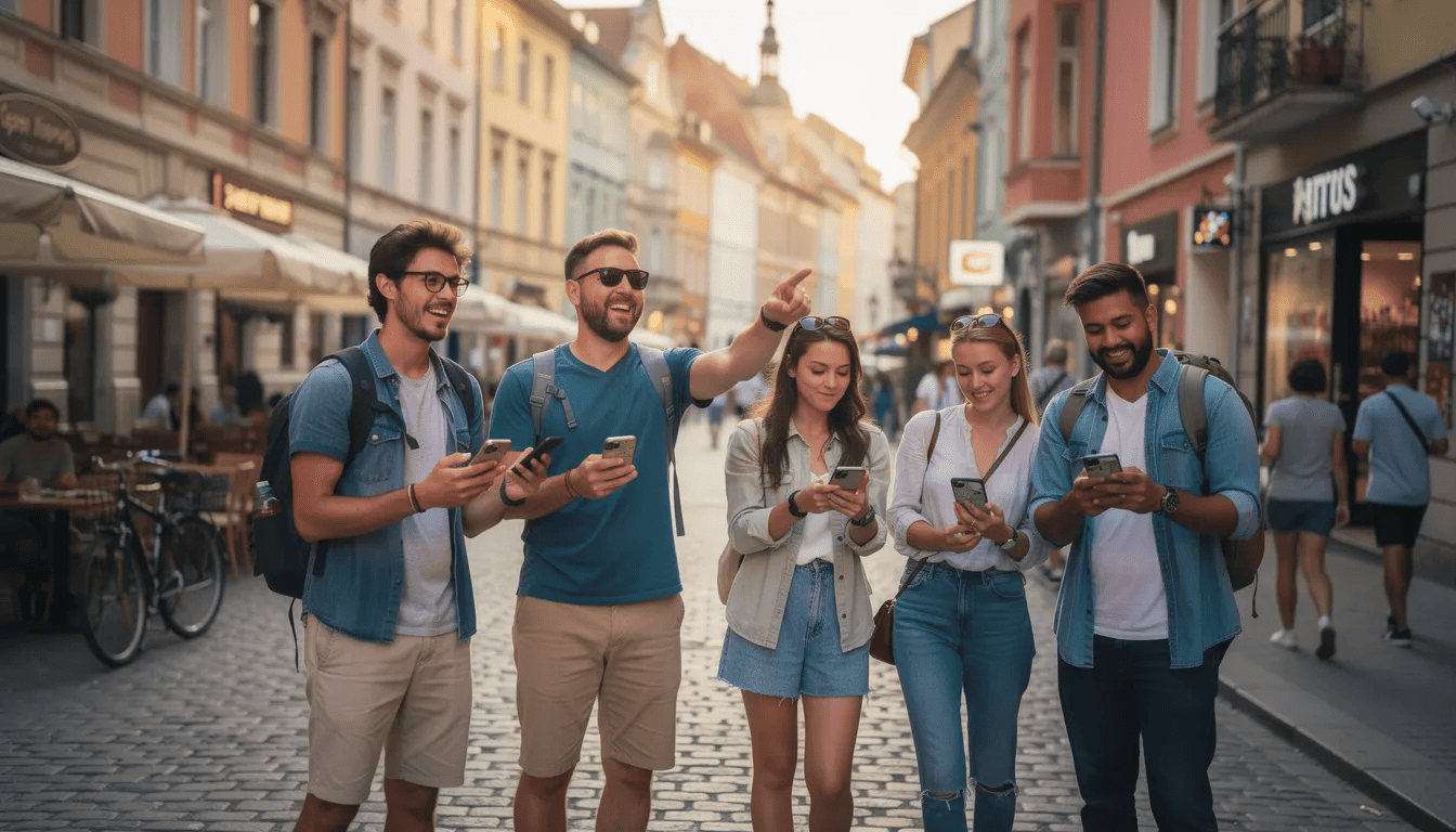 Travelers using mobile devices to book trips through a modern travel reservation system