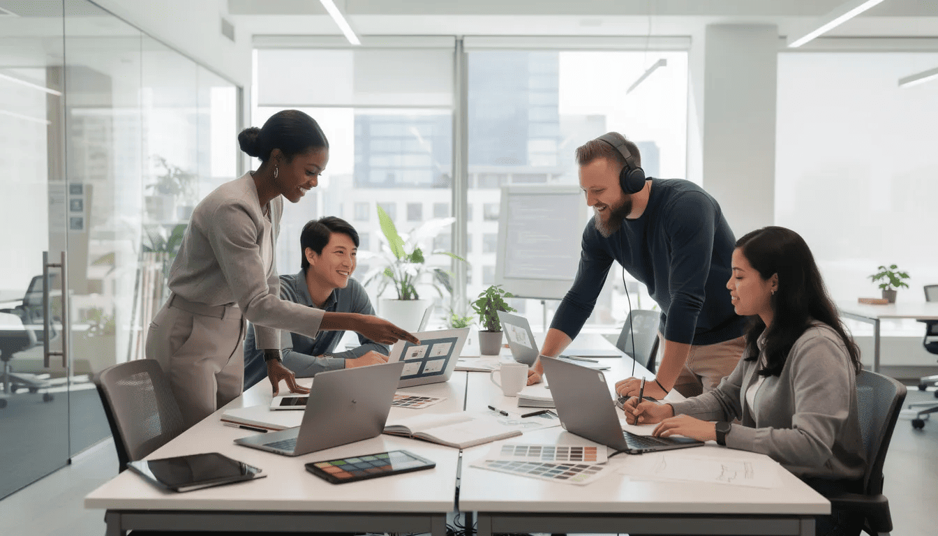 The image depicts a diverse team of designers and developers collaborating in a modern office space, engaged in discussions around user experience and design strategies. This dynamic environment highlights their commitment to improving user satisfaction and addressing usability issues through effective UX audit processes.