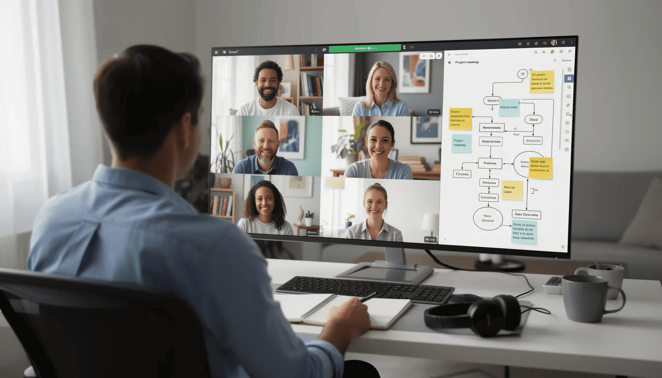 The image depicts a remote team meeting, showcasing multiple participants on video screens with a digital whiteboard in the background, emphasizing collaboration in a virtual environment. This setting highlights the importance of user experience and engagement in remote interactions, reflecting how teams can effectively connect and share insights.