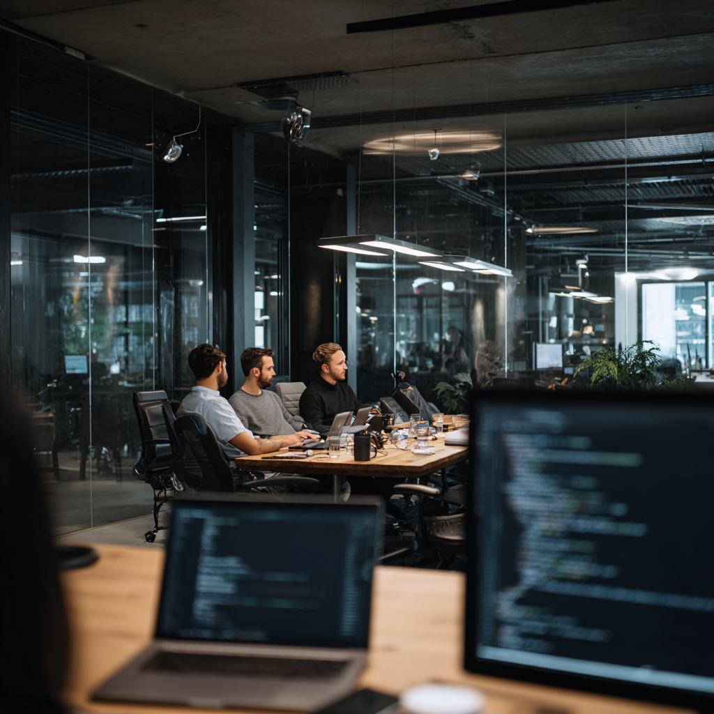 A high-contrast visualization showing two diverging growth curves—one steep and compounding (Early Adopters) and one flat (Laggards)—set against a background of digital neural networks.