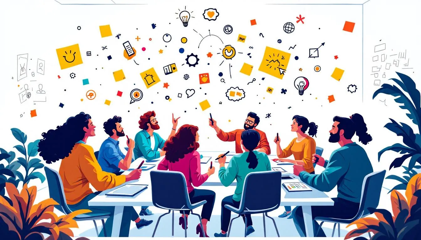 Diverse individuals engage in the design process, generating innovative ideas through collaborative discussion and creative thinking. The scene emphasizes the importance of exploring multiple solutions and the iterative nature of design thinking