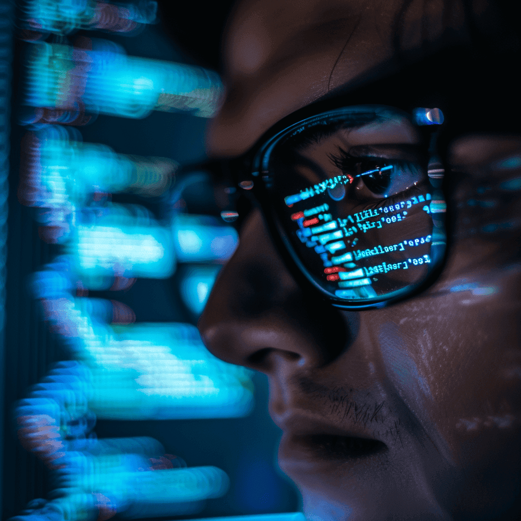 Close-up of a developer debugging Mapbox API integration with code reflections visible in glasses, symbolizing deep focus on geospatial data visualization.