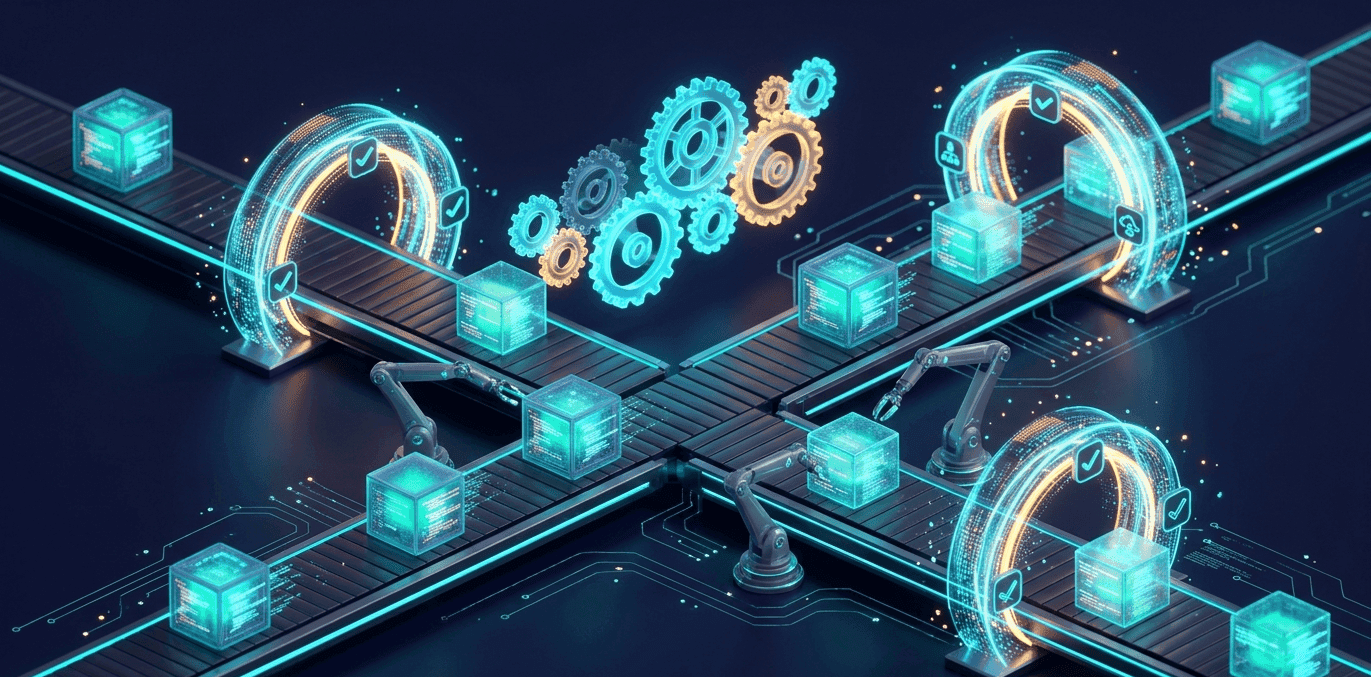 A DevOps maturity model illustrated as five ascending stages, with a team reviewing metrics dashboards in a modern engineering office