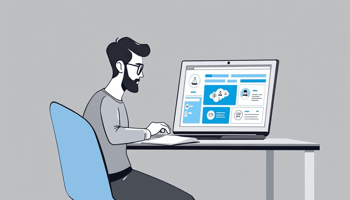 A software developer working on a computer, focusing on intellectual property rights in software development.