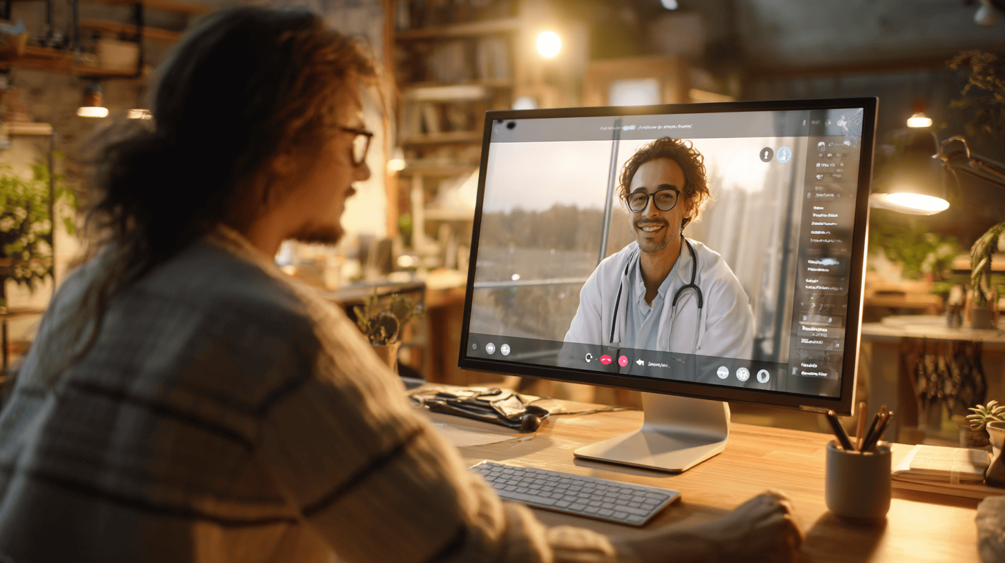 Patient talking to a doctor on a tablet during a telemedicine appointment at home.
