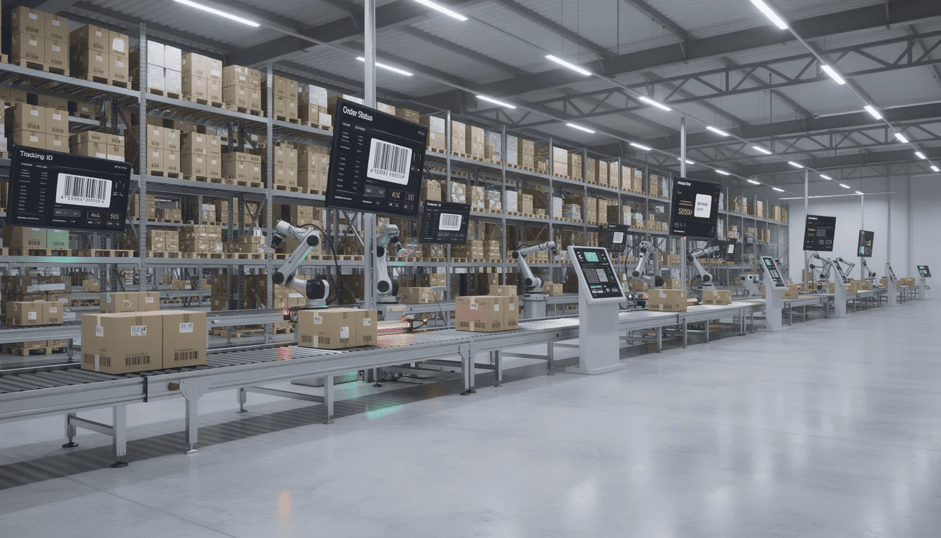 The image depicts a modern warehouse featuring automated conveyor systems and digital tracking displays, showcasing integrated software solutions that enhance operational efficiency. This advanced setup is designed to help agribusiness companies improve profitability and streamline their inventory management processes.