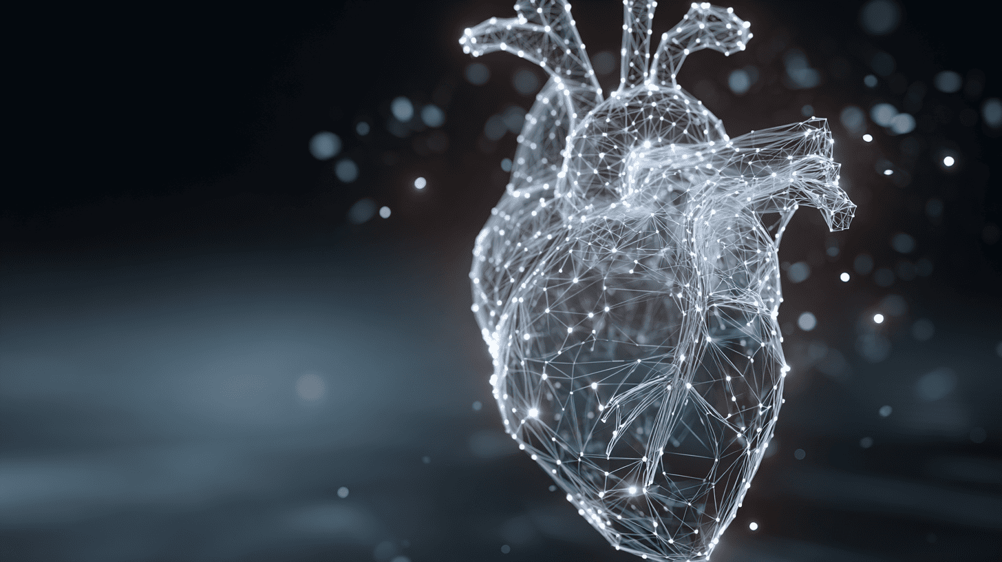 Abstract visualization of AI and healthcare integration with neural network patterns forming a glowing human heart, representing digital medical innovation.