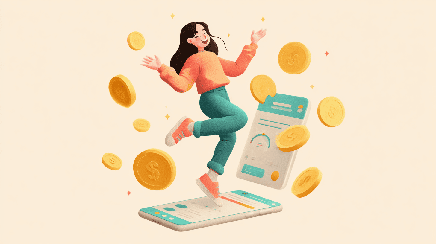 Illustration showing a fusion of finance and gaming — coins, mobile app, and rewards interface representing gamification in financial services.
