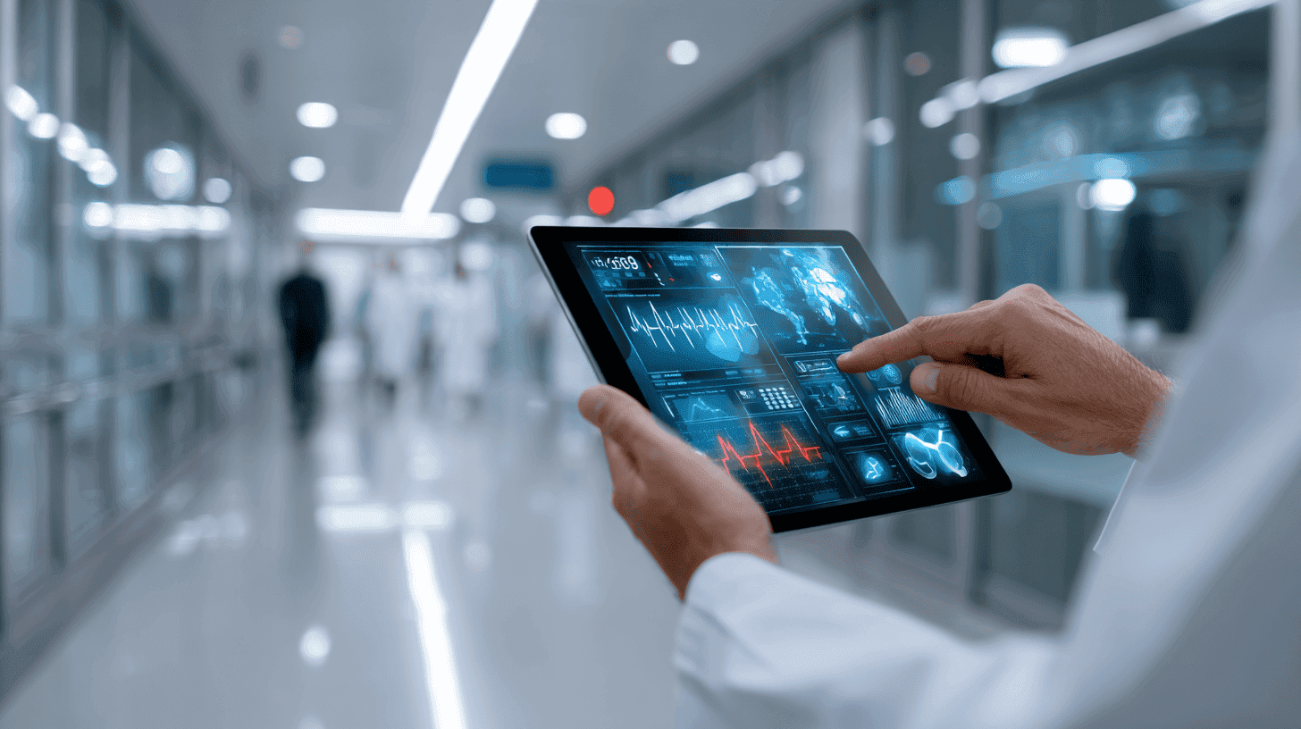 : Healthcare software developer working on e-health platform interface with digital medical icons on screen.
