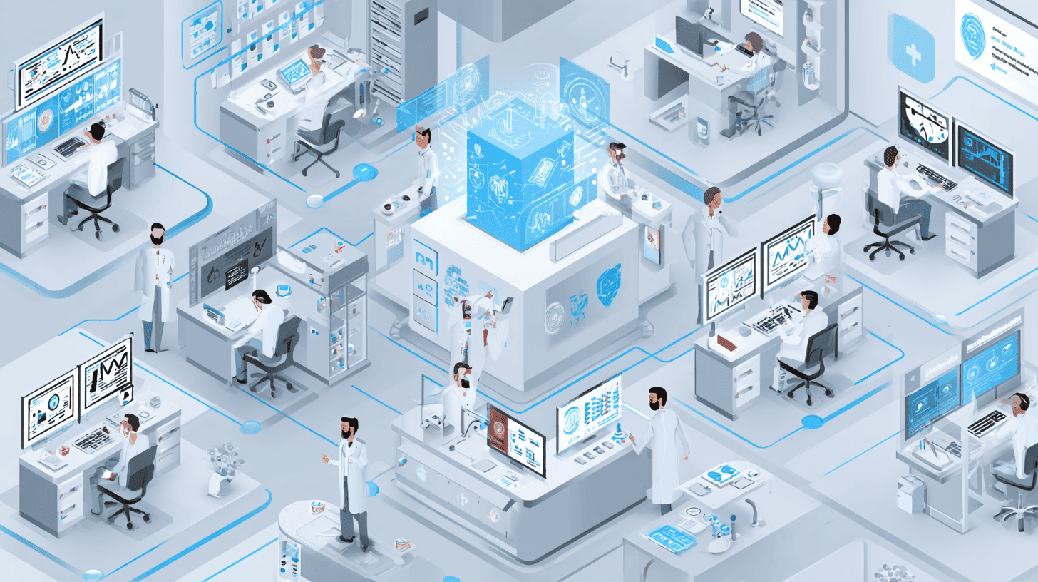 Isometric illustration of an AI-powered hospital system with doctors analyzing digital medical charts, symbolizing smart healthcare solutions.