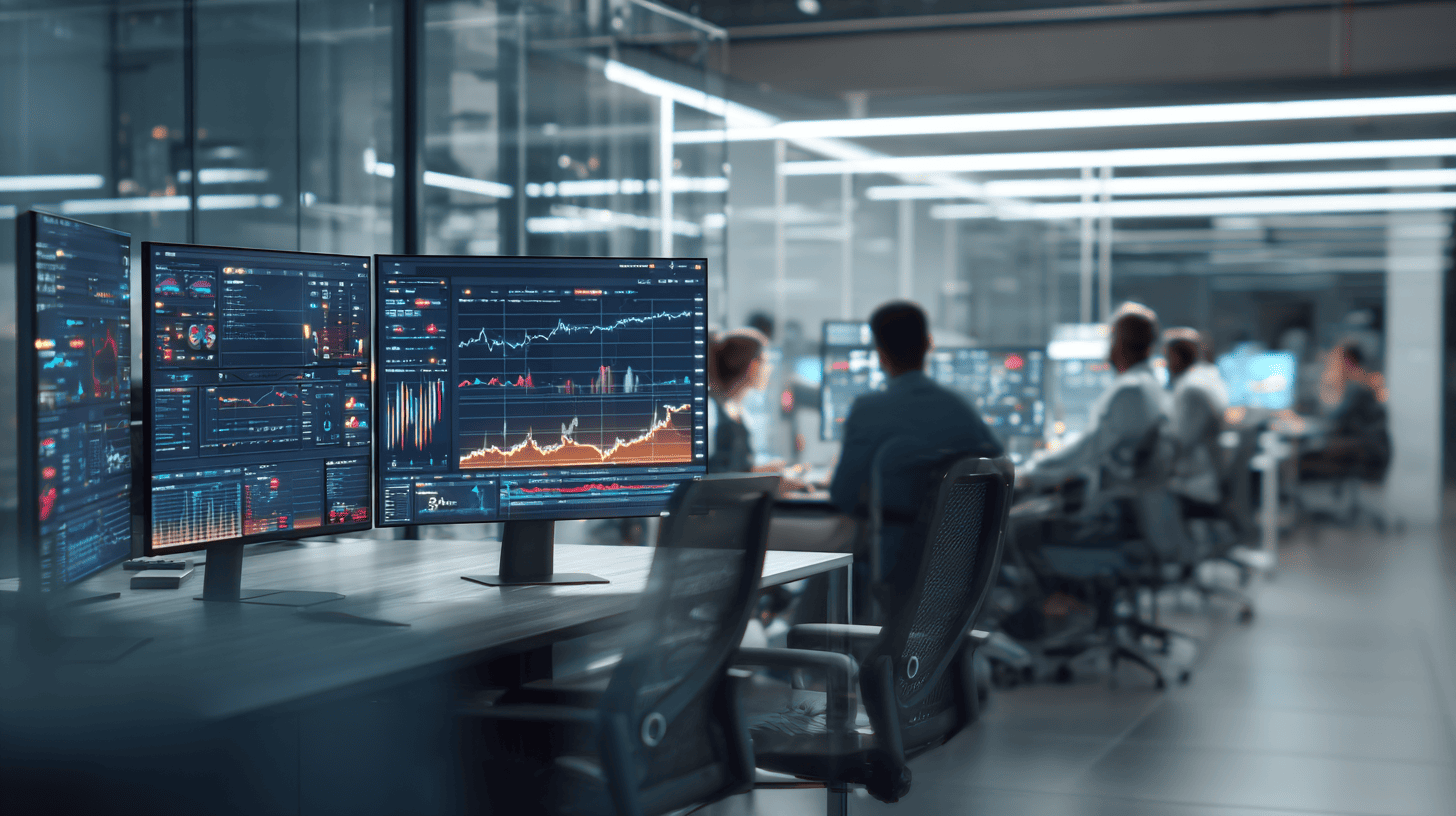 Fintech developers collaborating in a modern office, designing custom financial software with code and data visualizations on large screens.