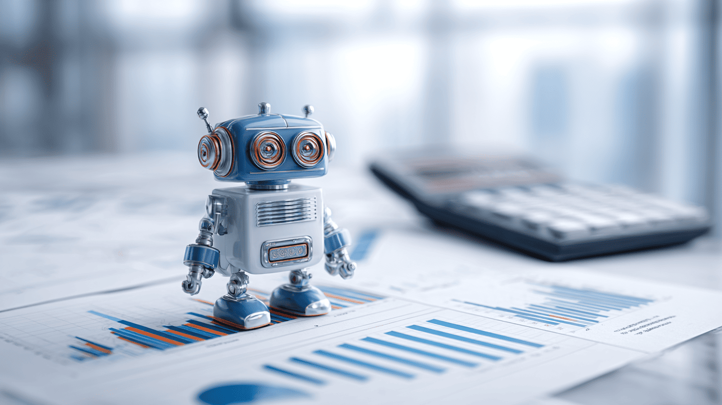 AI chatbot assisting a customer in a modern banking environment with digital financial dashboards in the background.