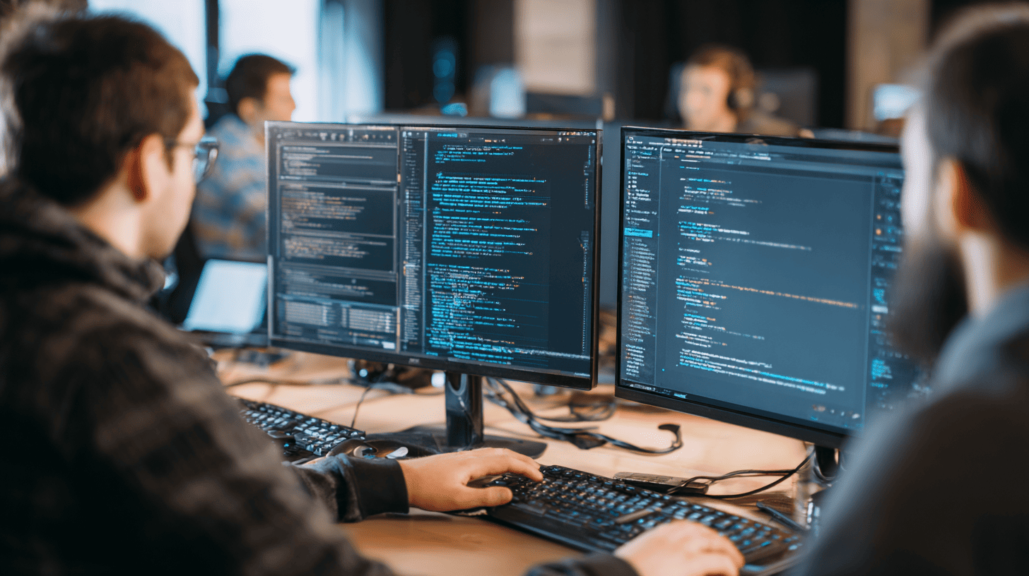 Team of developers collaborating on healthcare software architecture with code and UI elements visible on monitors.